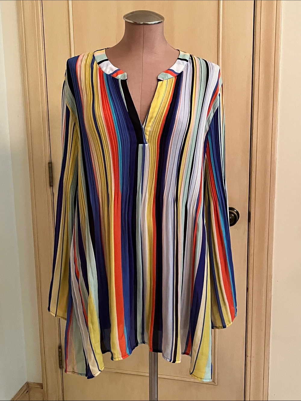 MELISSA PAIGE Resort Party Cruise Pleated Multicolor Vertical Stripe Blouse 2X